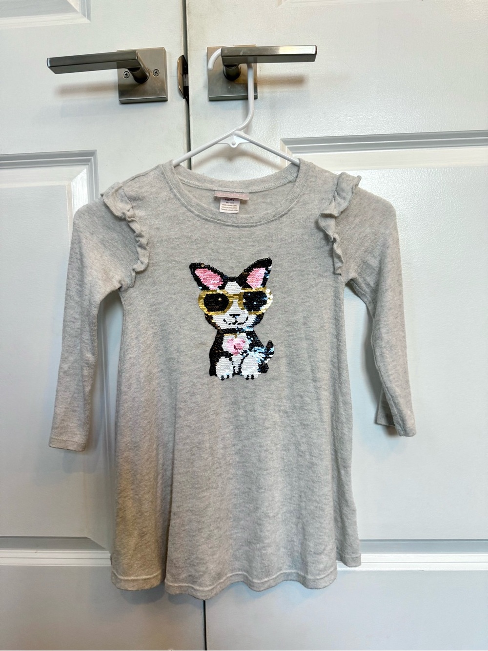 Youngland Gray Sequin Puppy Sweater Dress with Pink Accents